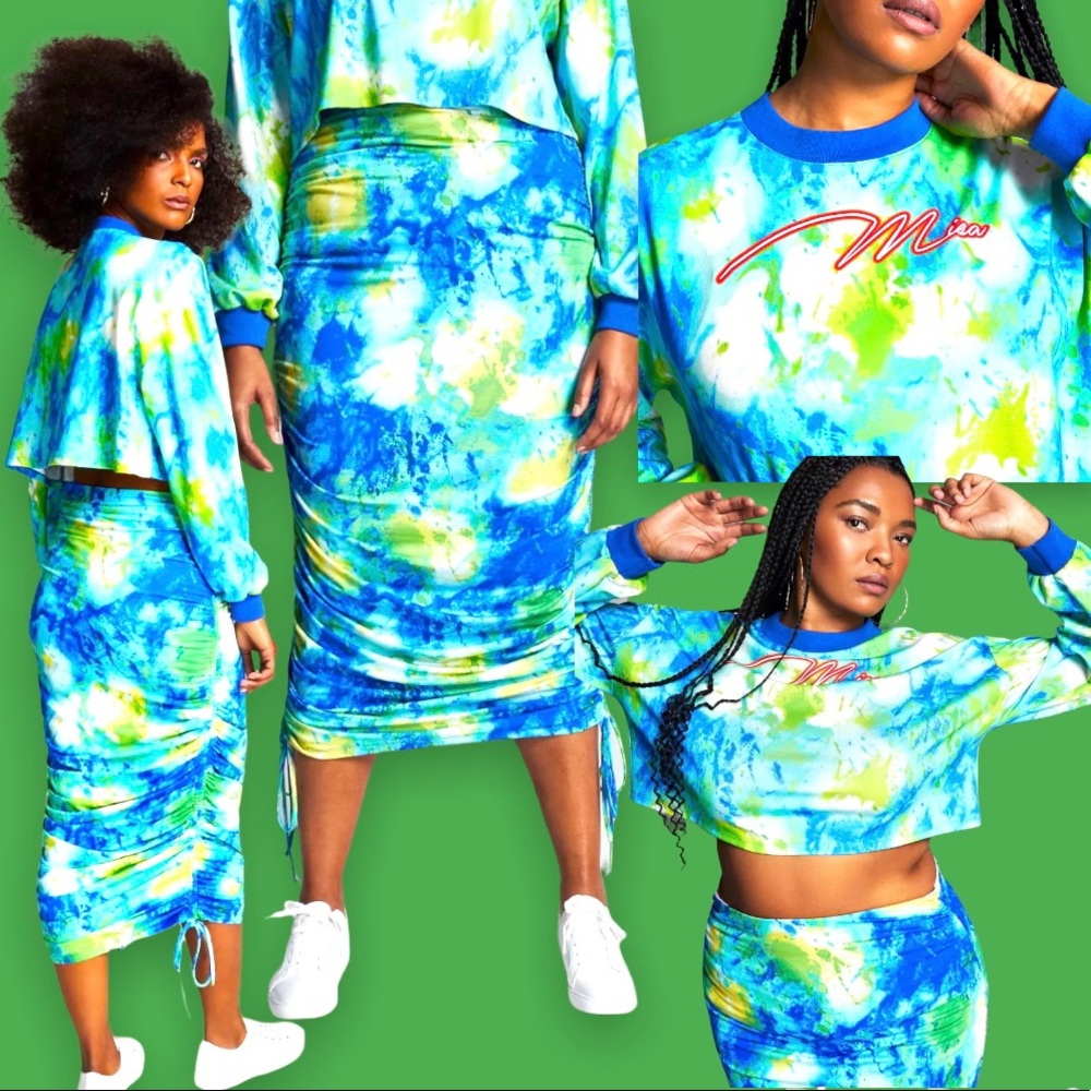 Misa Hylton Tie Dye 2 Piece High-Rise Ruched Skirt and Top Set Stretchy